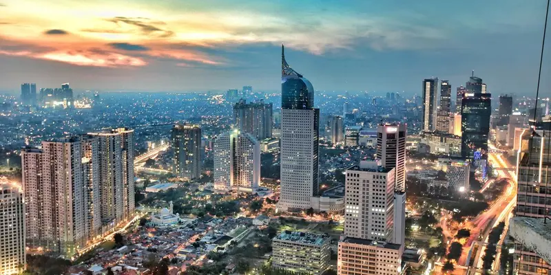 Jakarta skyline with New Year fireworks over Monas and Bundaran HI 2025